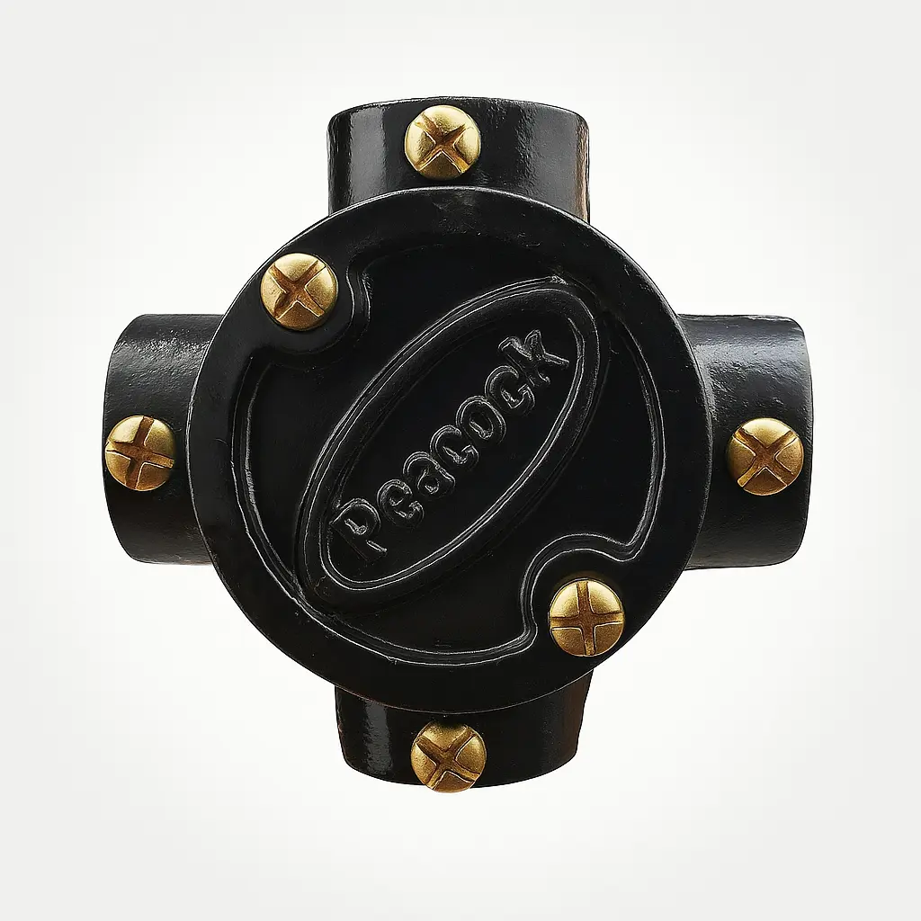 Iron 4 Way Junction Box, For Electric Fitting by Peacock ZX – high-quality electrical conduit box with brass screws for strong and reliable connections.