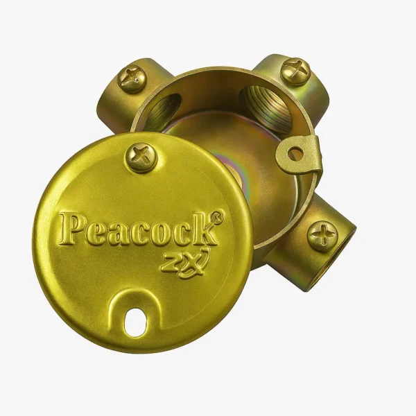 Golden junction box by Peacock ZX – durable metal electrical conduit fitting for safe and stylish wiring solutions.