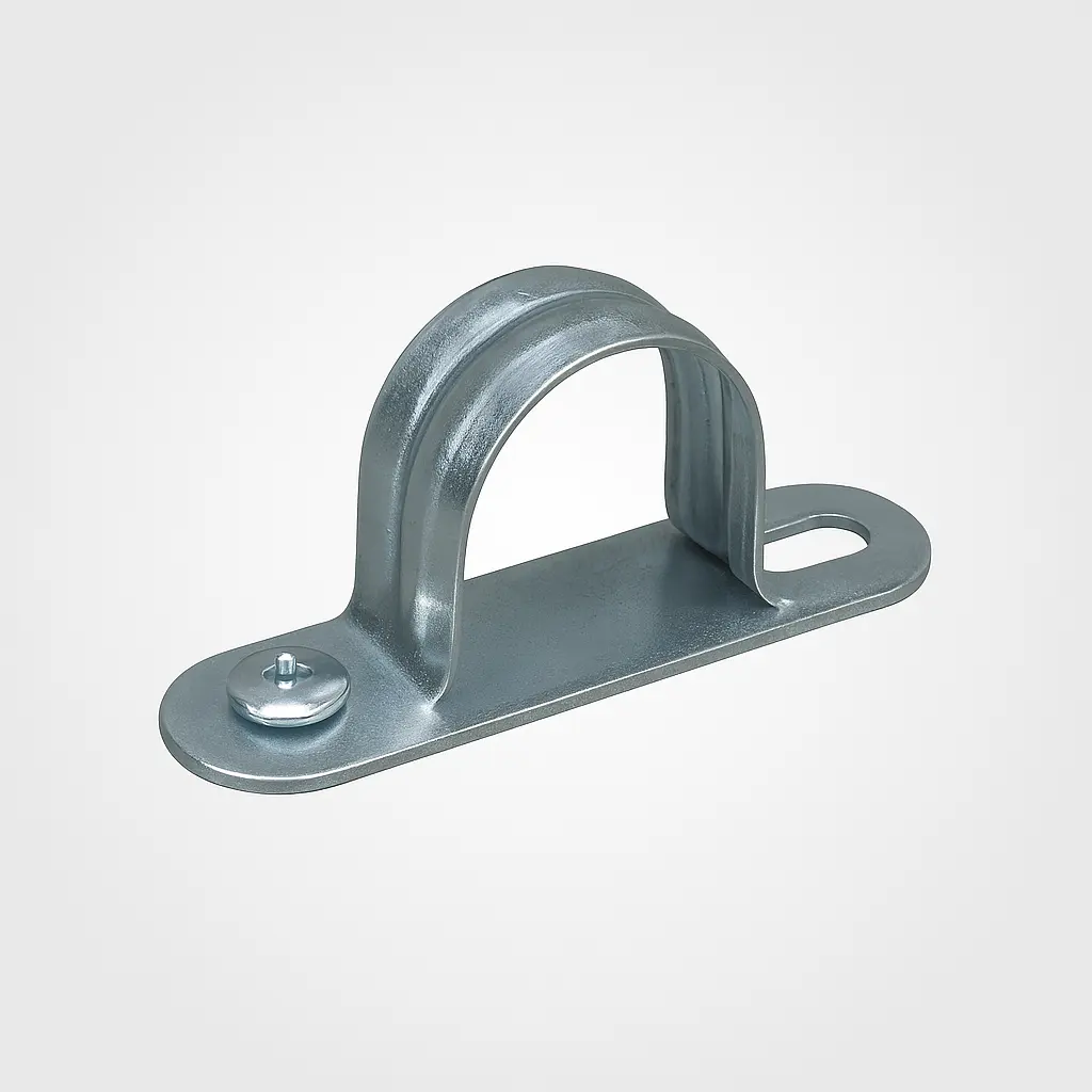 A single galvanized steel electrical conduit pipe fitting clamp, also known as a saddle clamp, displayed against a light grey background.