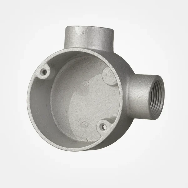 Durable 2 way junction box for electrical conduit fittings, made of corrosion-resistant metal with threaded ports.