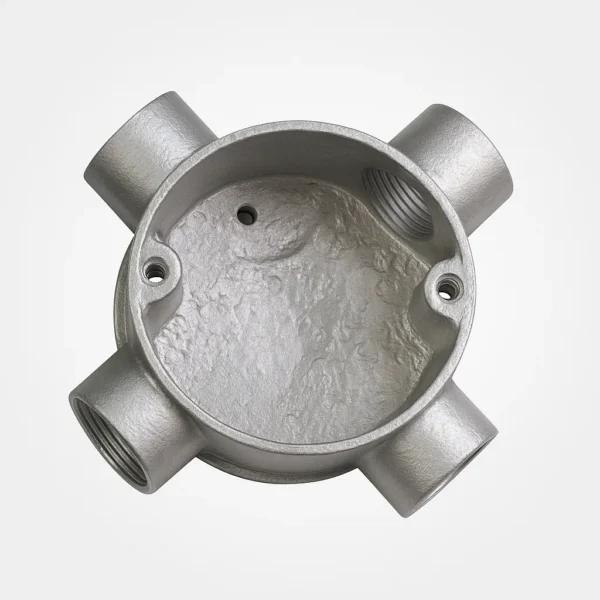 Silver conduit junction box with 4-way entry, corrosion-resistant design for industrial and residential electrical fittings.